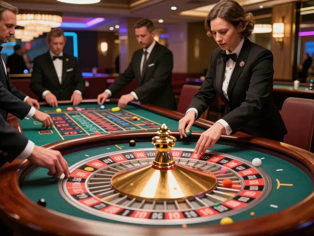 Lucky88 players engaging at a roulette table, placing strategic bets in a vibrant casino atmosphere.