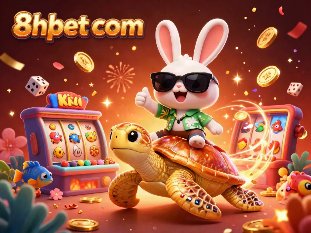 Engage with the vibrant world of 8xbet com in this lively 3D illustration featuring a lucky rabbit and golden turtle.