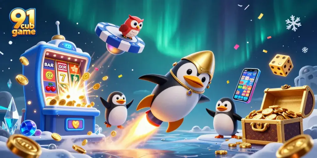 Experience the thrilling 91 club game with a penguin racing towards a cosmic casino!