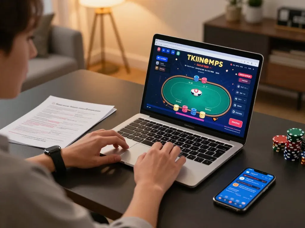 Person gaming at win678 online casino, engaged in a poker game with vibrant screen interface.