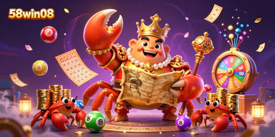 Experience thrilling lottery action with 58win08's vibrant gaming elements and golden crab emperor!