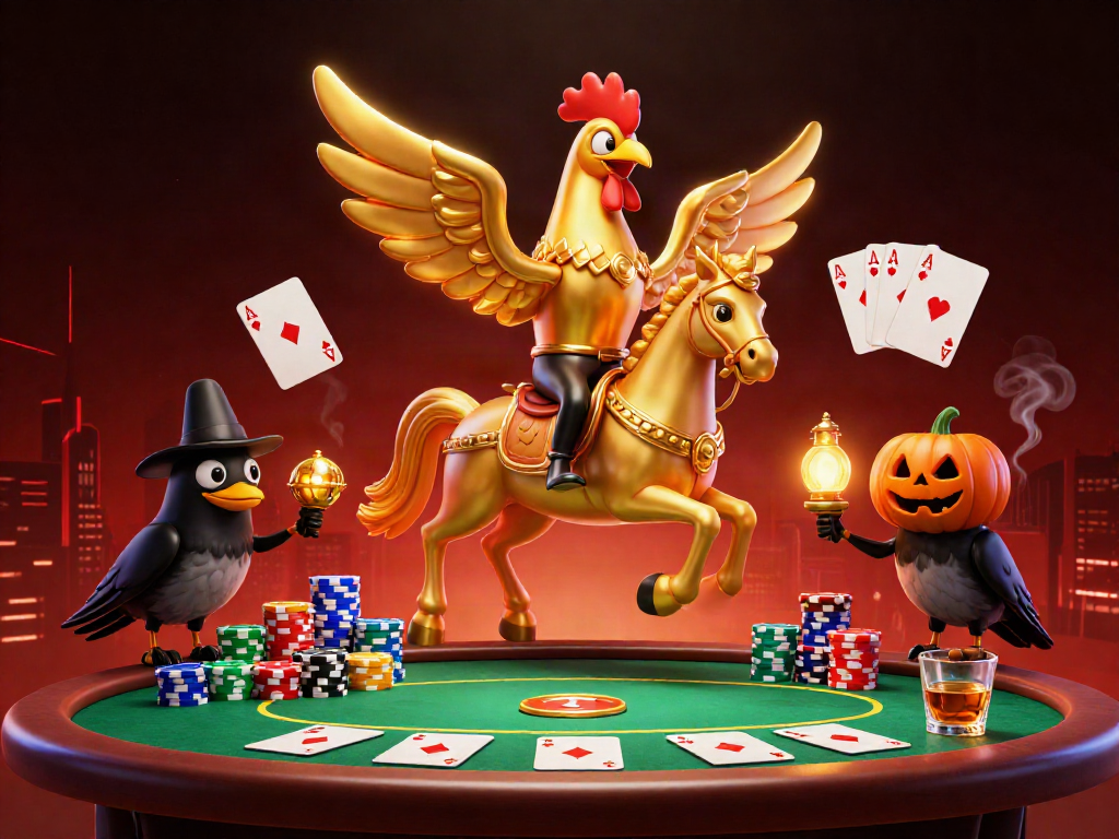 Experience the thrill of rp888 in a vibrant casino scene with a golden rooster and poker elements.