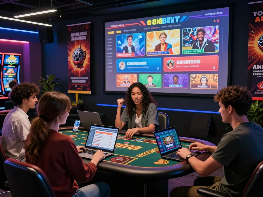 Friends engaging in online gambling on the 8KBET platform in a vibrant gaming lounge.