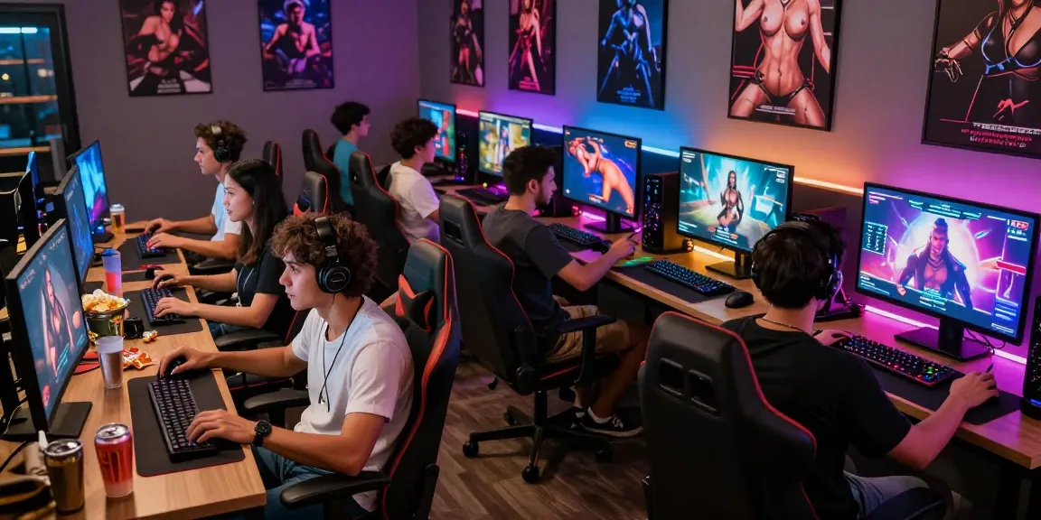 Group enjoying real hentai game in a vibrant gaming lounge with interactive displays and snacks.