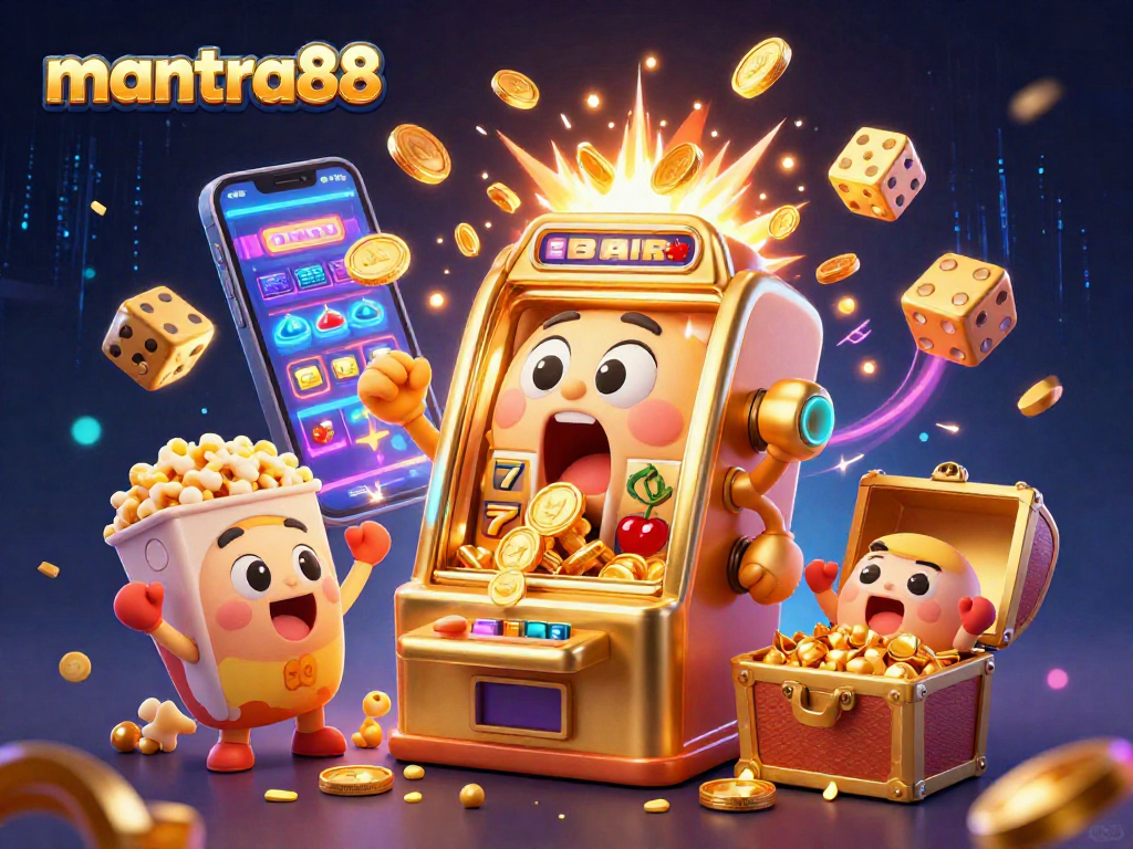 mantra88 slot machine celebrating jackpot win with coins pouring out, surrounded by cheering machines