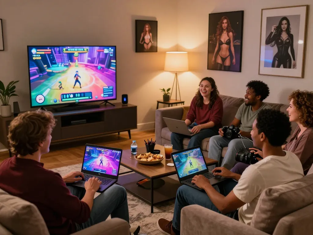 Exciting scene of adults enjoying various sex games online in a cozy living room.