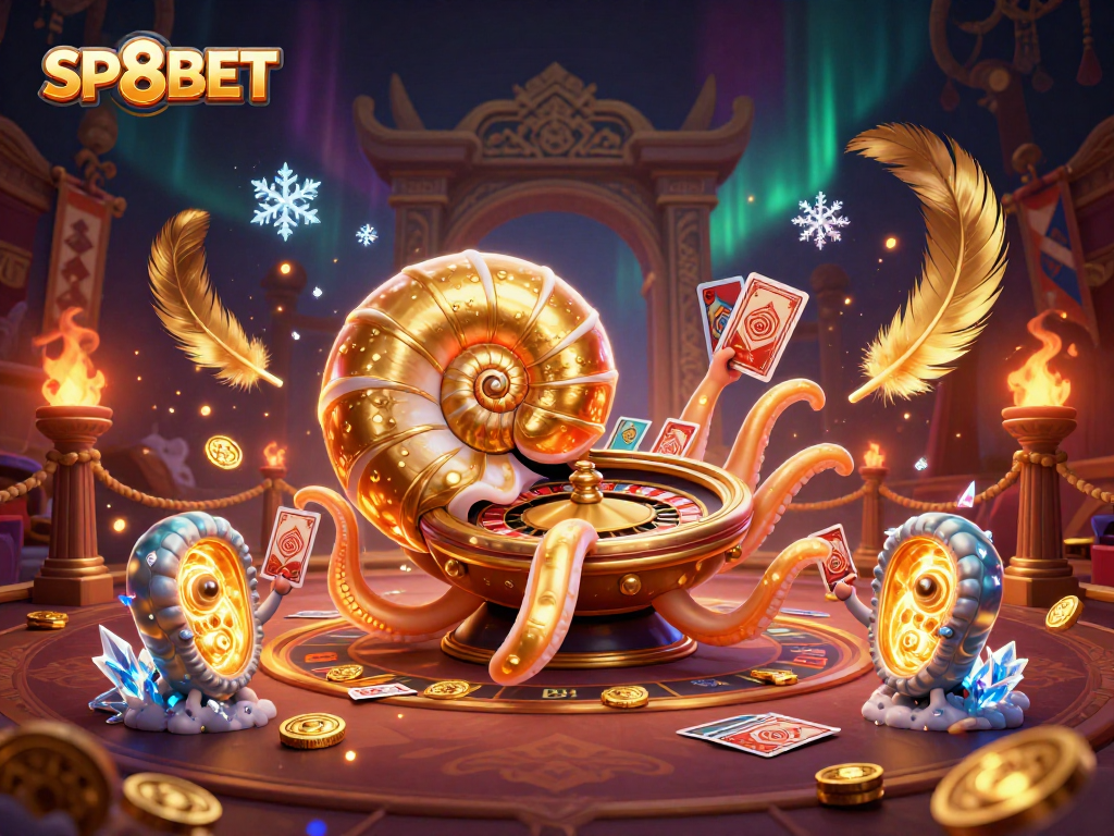 Experience the vibrant SP8BET gaming scene featuring a giant nautilus roulette wheel and glowing ammonite companions.