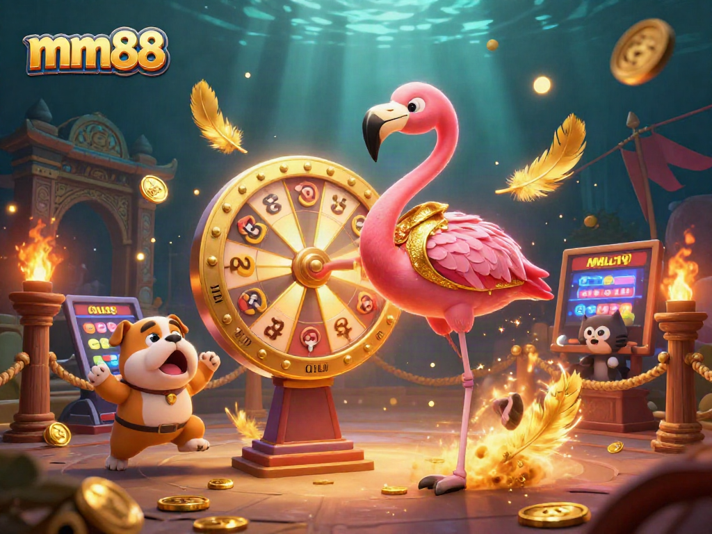 Excitement at mm88 casino with a flamingo host, bulldog contestant, and scoreboard cat assistant.