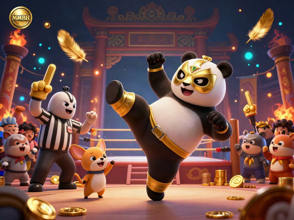 Experience MM88's thrilling atmosphere with a wrestling panda and packed arena in this vibrant casino scene.