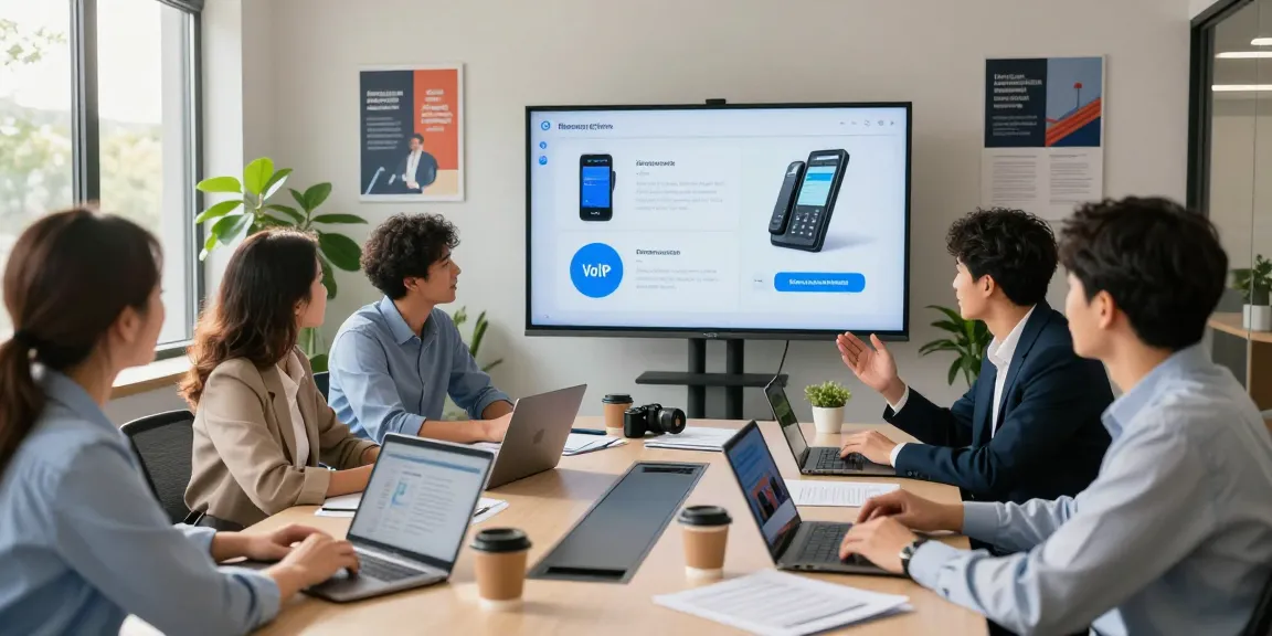 Team discussing innovative business phone systems in a professional office setting.