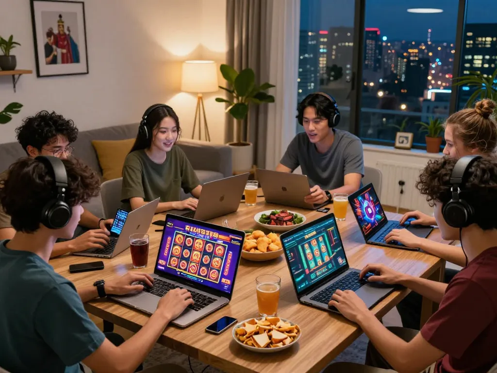 EE88 online gaming experience with friends enjoying live casino games and vibrant slot graphics in a cozy setting.
