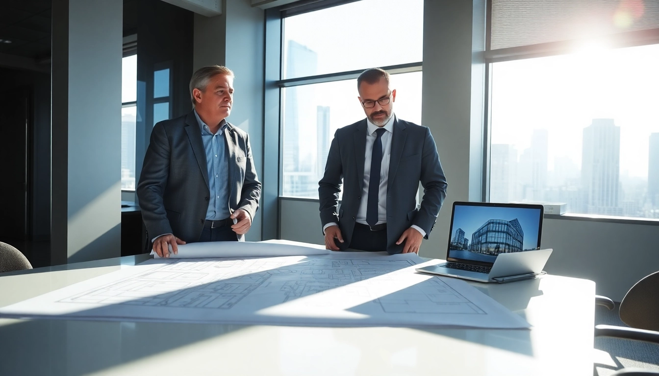 New York City General Contractor consulting with a client over blueprints in a modern office.