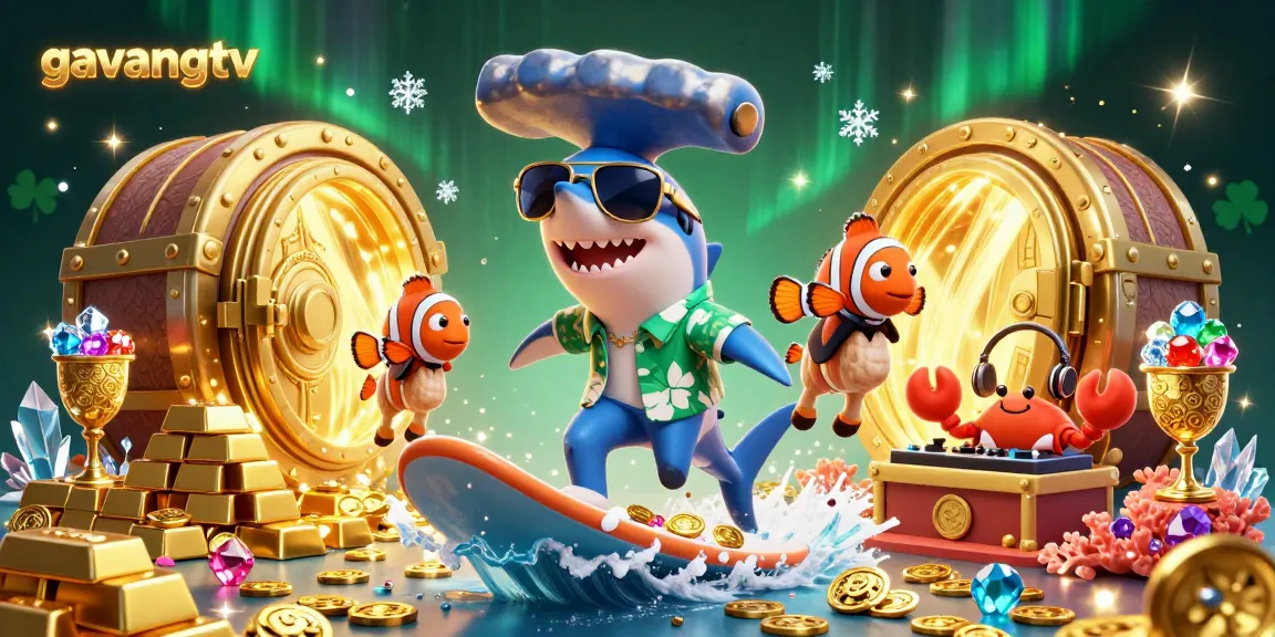Experience thrilling wagers with gavangtv as a shark surfs coins in this vibrant digital illustration.