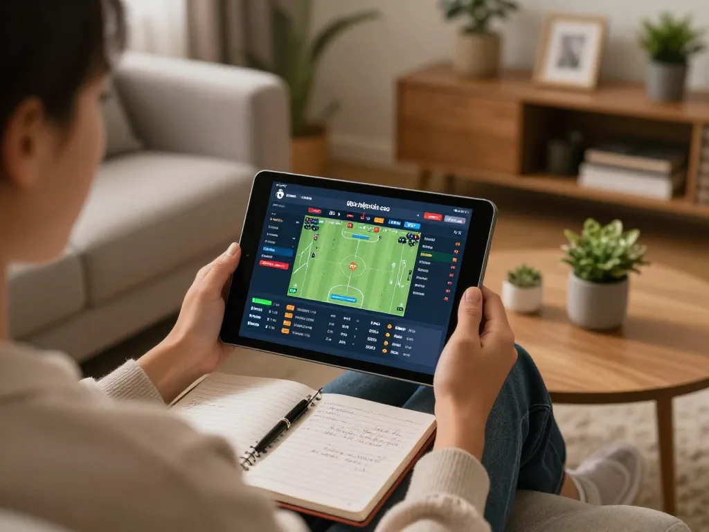 A person engaging with kèo nhà cái on a tablet while relaxing at home, emphasizing responsible online betting.