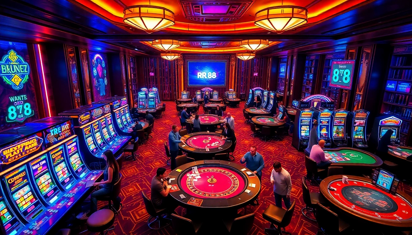 Players engaging in dynamic games at RR 88 casino, showcasing excitement and luxury in a vibrant atmosphere.