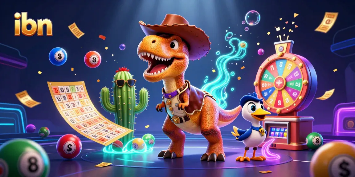 Engage with ibn to discover vibrant lottery-themed 3D scene featuring a T-Rex and interactive elements.