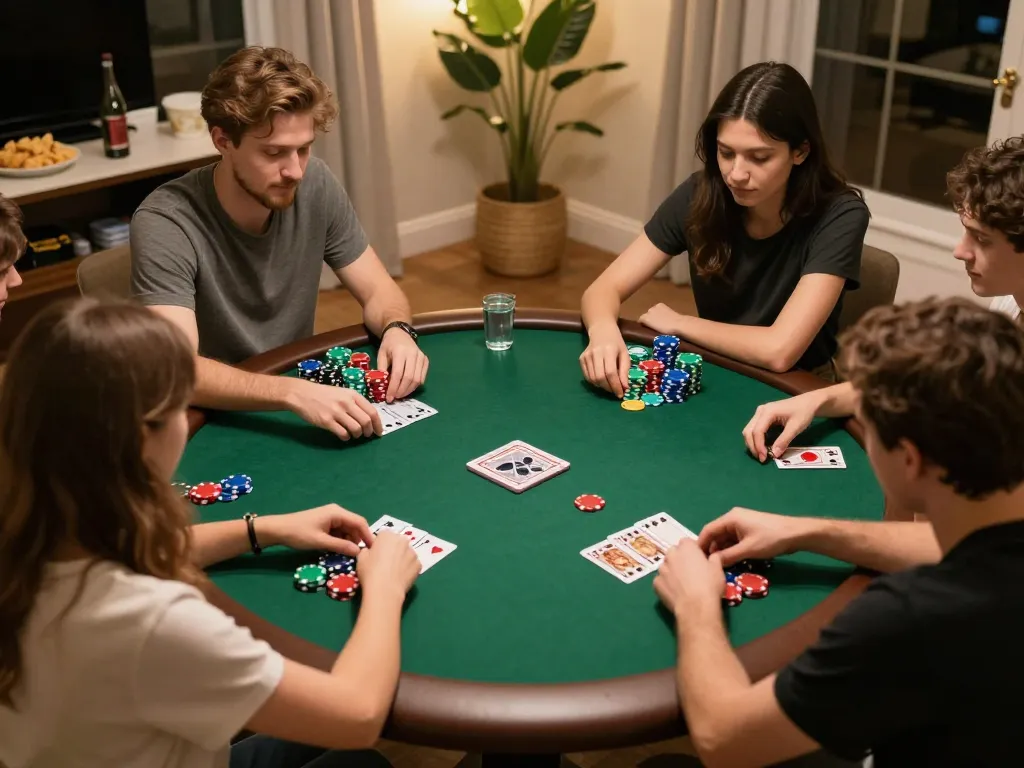 Friends engaged in an intense poker game using 1gom for their betting strategy.