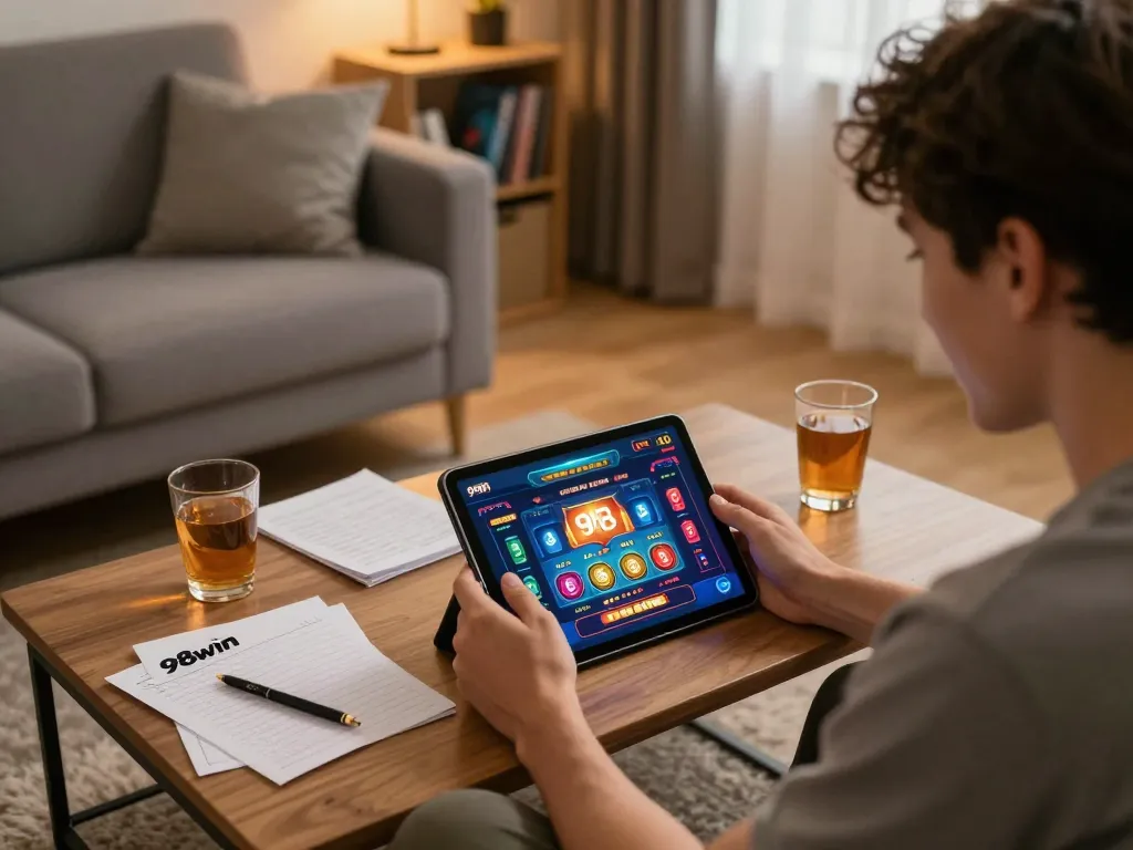 Player enjoying a dynamic game on 98win casino app in cozy home setting, showcasing a responsible gaming experience.