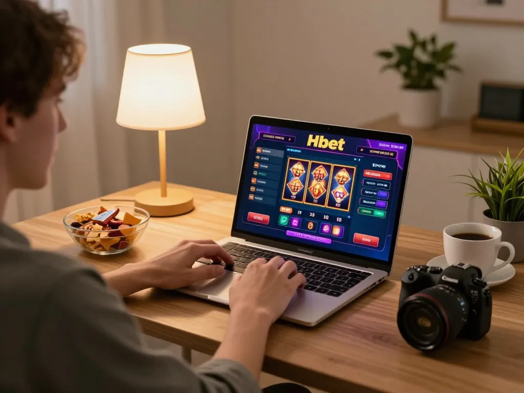Engaging in Hbet online gambling with a cozy home setup, laptop on table showing virtual casino.
