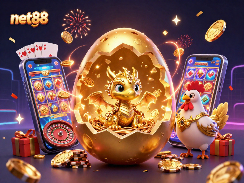 Experience thrilling wins with net88 featuring a golden dragon, poker chips, and vibrant game elements.