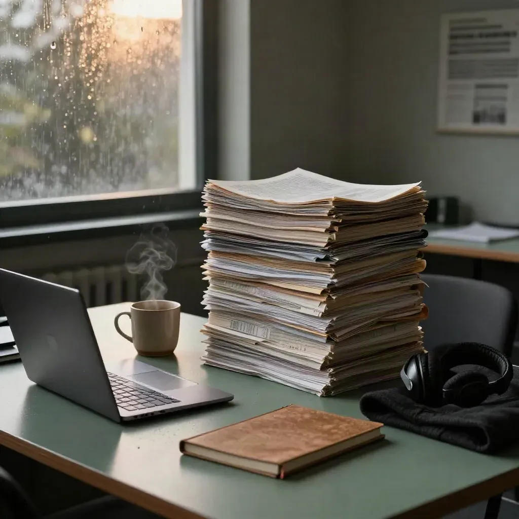 Wrapped print bundles, laptop, mug, headphones, notebook and coat on a rain-damp newsroom table at dawn.