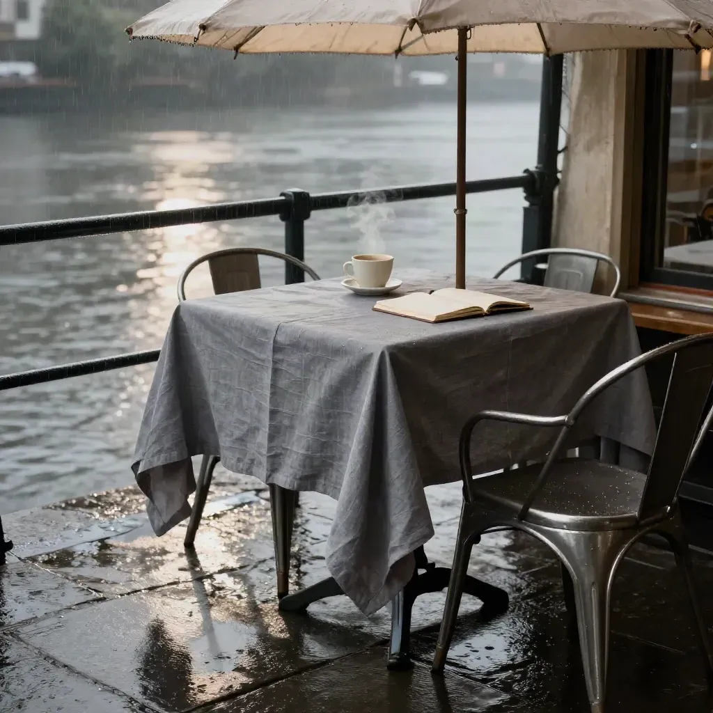 Rainy riverside café terrace with umbrella, coffee cup, blank notebook, and wind-tossed cloth