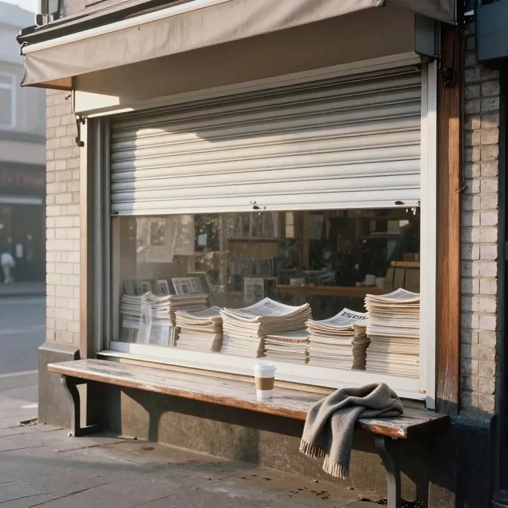 Newsagent shutter opening at dawn with coffee, scarf and misty street