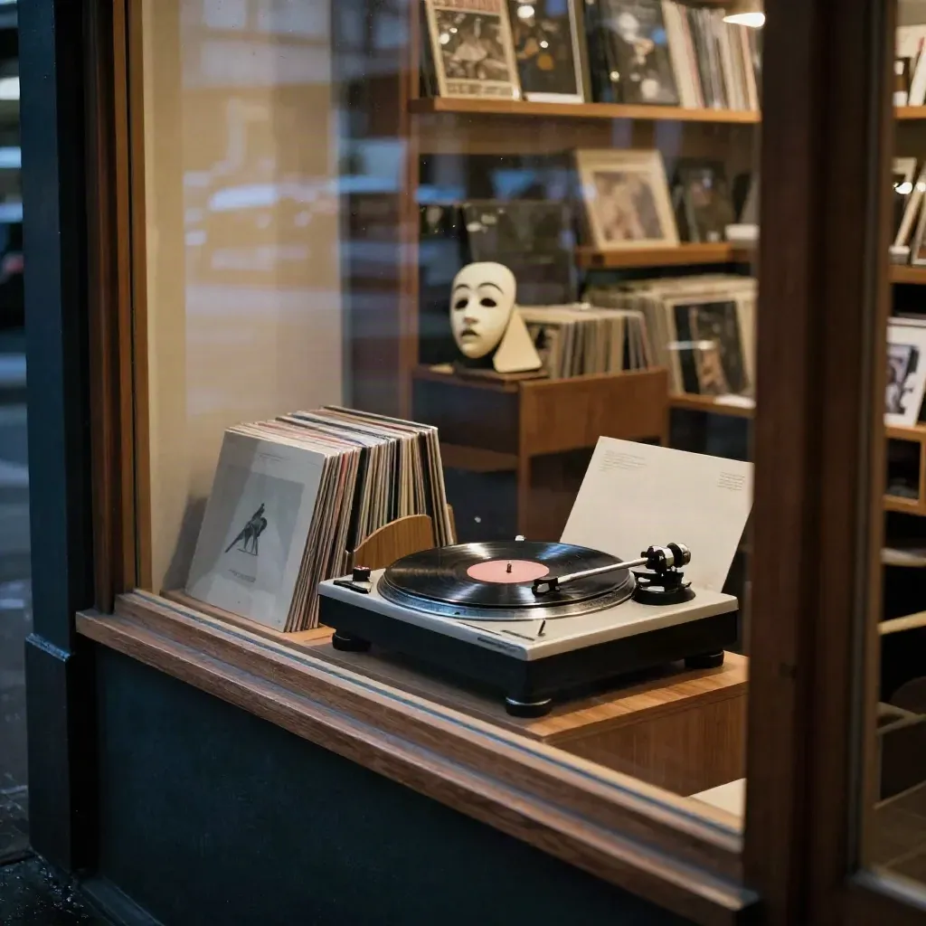 Late-night record shop window with spinning vinyl, face-in art books, and a theatre-mask silhouette.