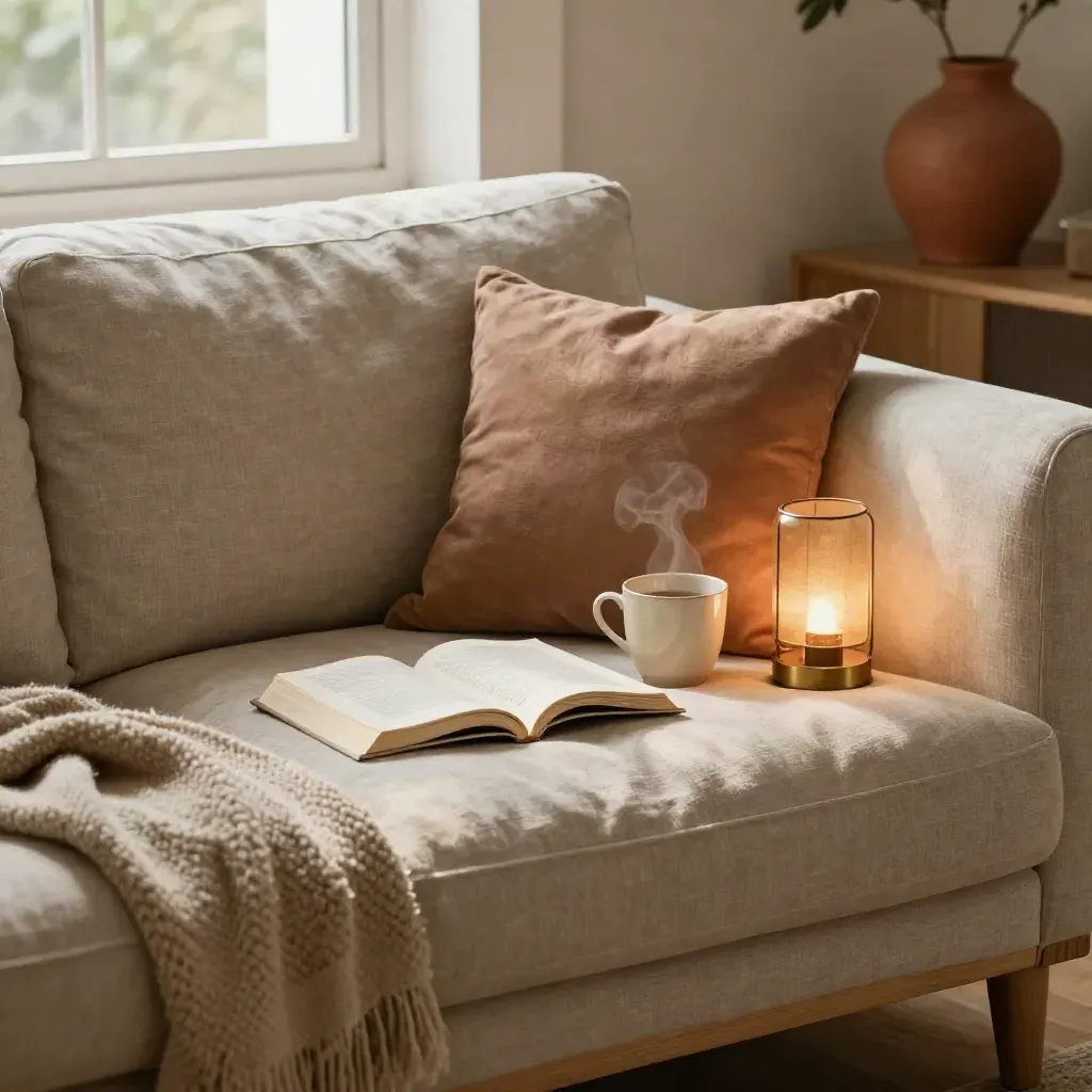 Worn sofa corner with a face-down paperback, wool throw, tea mug and lamp glow in a slow Sunday room.