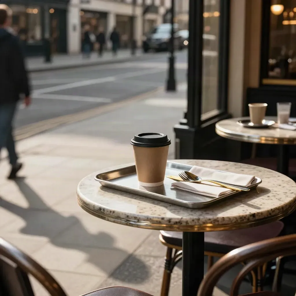 London pavement café edge with lunch trays and a takeaway cup under long tower shadows.