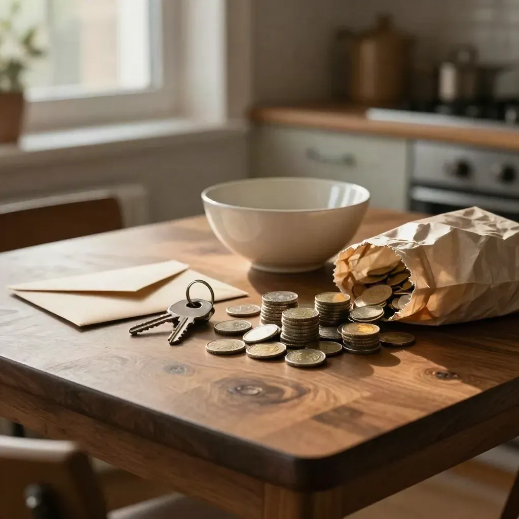 Coins, keys, envelope, and bowl on a kitchen table beside a grocery bag.