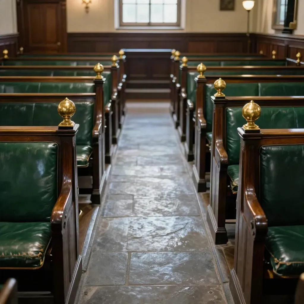 Low view into an empty parliamentary chamber with green benches, gilt details and a cool stone aisle.