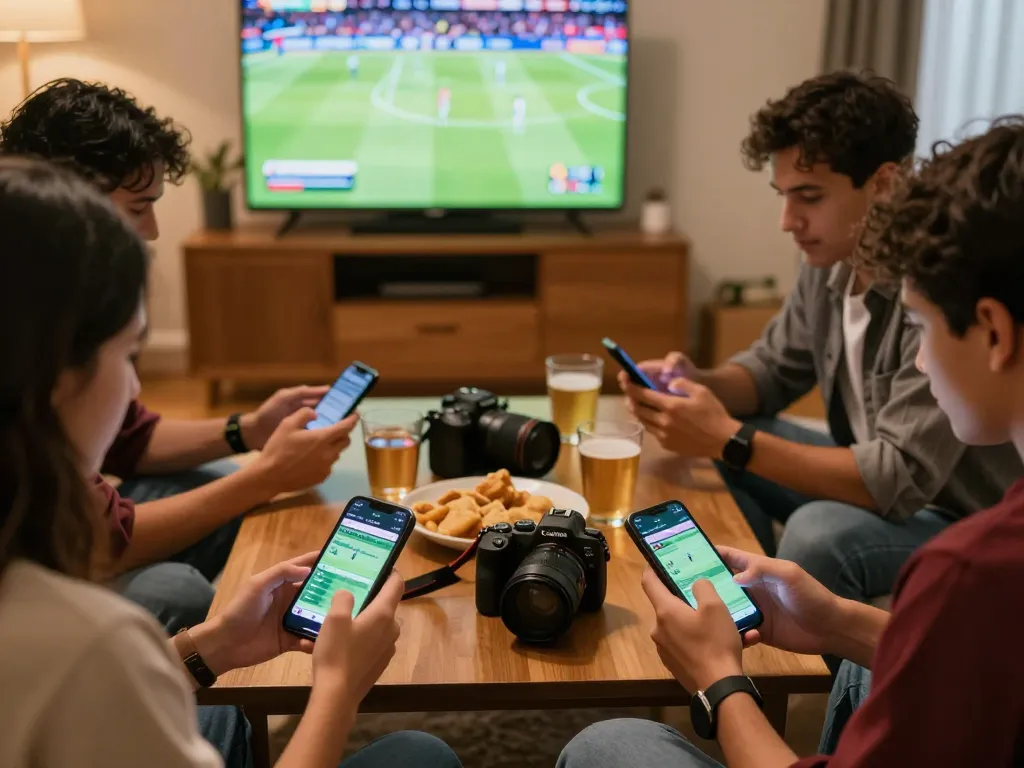 Engaging sports betting scene showcasing friends using their phones for soi keo nha cai during a live game.