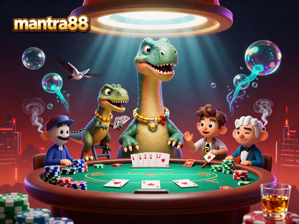 Experience the thrilling gaming adventure of mantra88 as the brontosaurus oversees a vibrant poker setup.