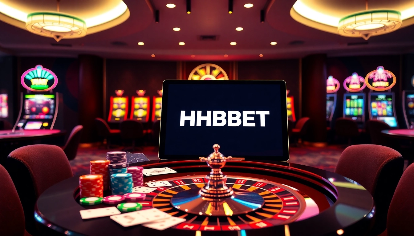 HBBET casino scene showcasing vibrant poker chips, a roulette wheel, and an online betting tablet.