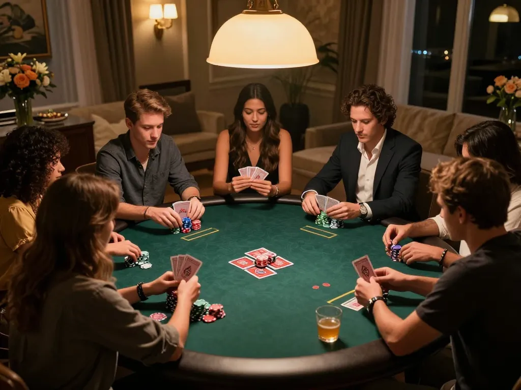 Engaging poker game scene with friends, showcasing strategy and interaction around the table, tr88 gaming atmosphere