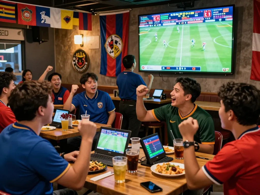 Exciting sports bar cheering for kèo nhà cái hôm nay during a football match with fans and live betting screens.