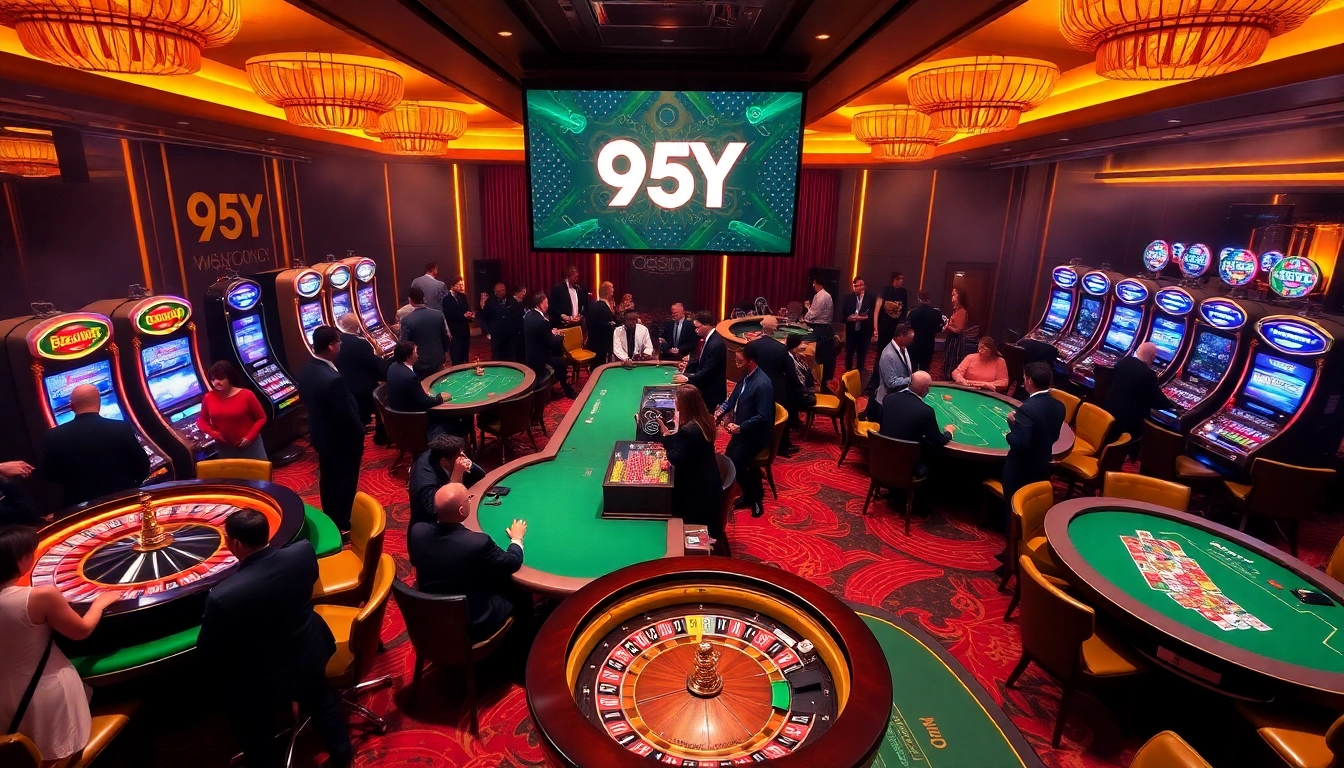Engaged players enjoy high stakes action at 95Y casino tables, capturing the thrill of winning.