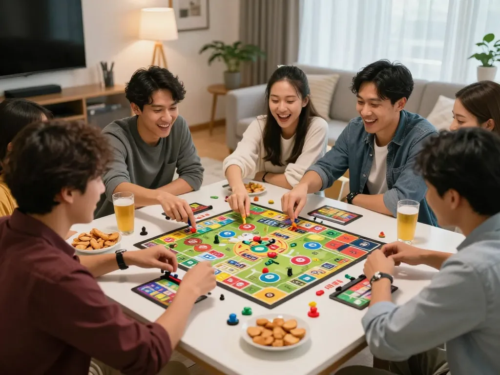 Exciting online gaming scene at https://gem88.com.mx/ with friends enjoying a casino-themed board game.