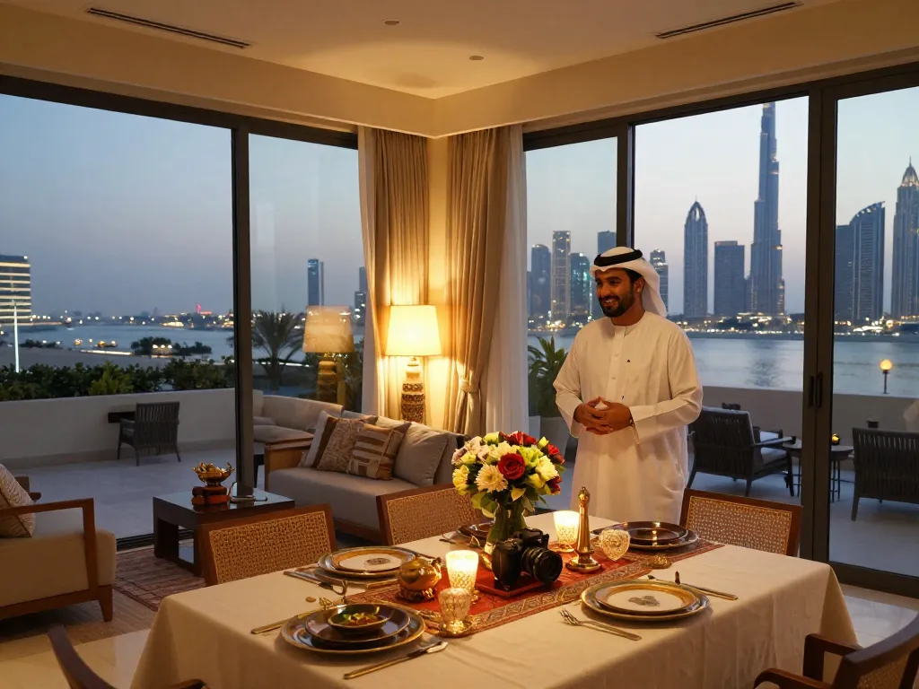 Airbnb management Dubai: stylish apartment welcoming guests with stunning skyline views, showcasing premium hospitality.