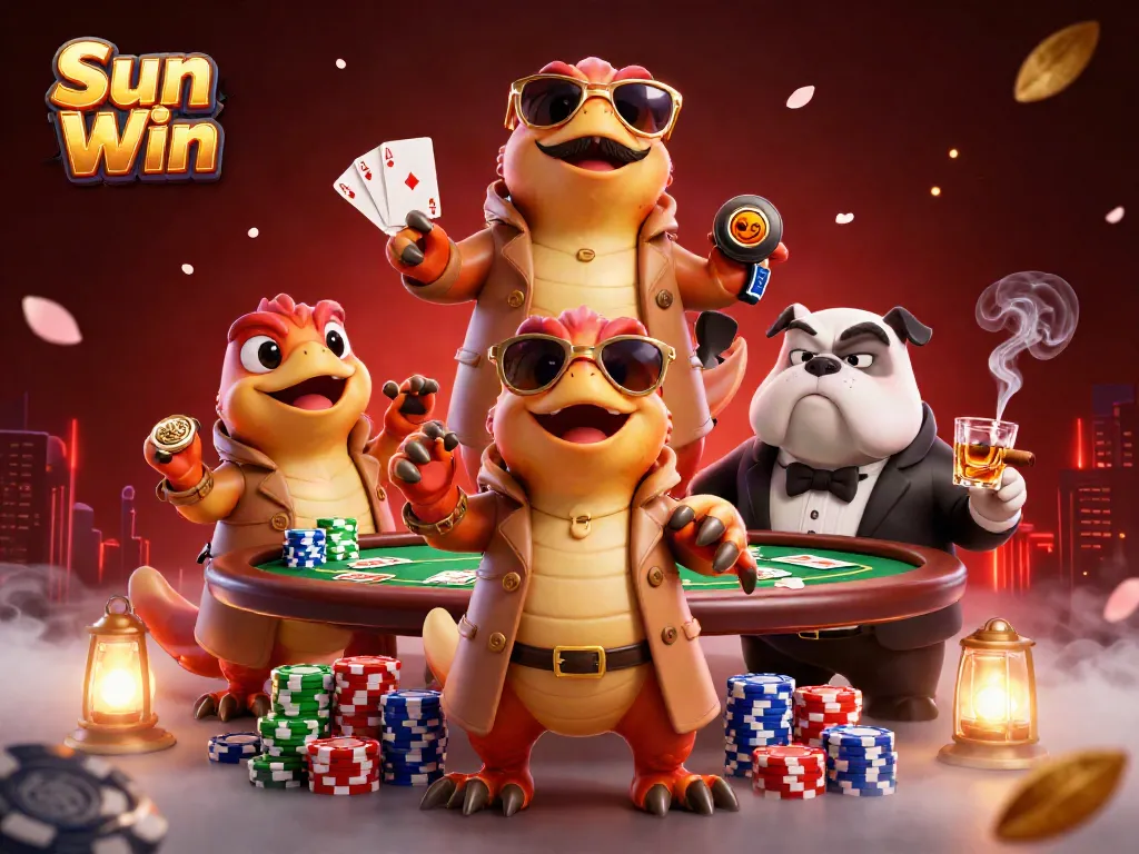 Experience Sun Win excitement as raptors in trench coats attempt VIP casino entry in a vibrant, cartoon scene.