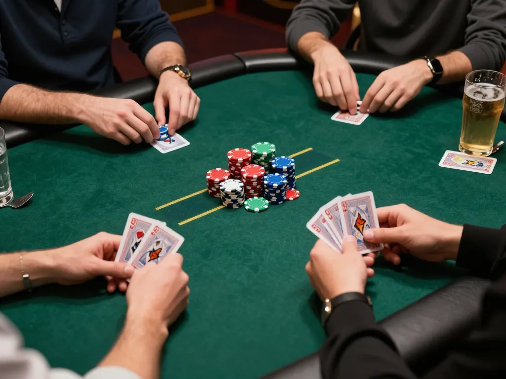 GG88 players strategizing during a competitive poker game with colorful chips visible.