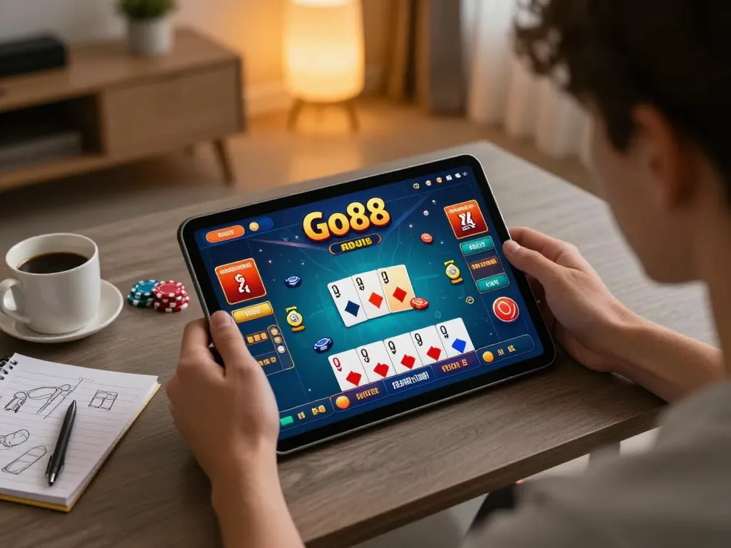 Engaging in Go88 online gaming from home, showcasing vibrant app interface, cozy atmosphere for responsible gambling.