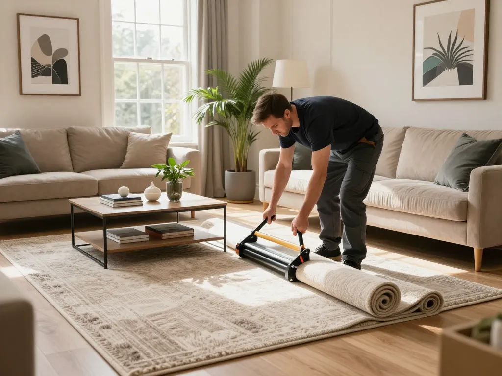 Expert carpet fitting services West London, highlighting a professional fitting a stylish carpet in a cozy living room.