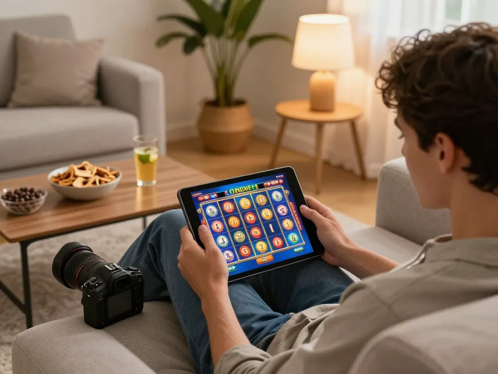 Enjoying a dynamic online gaming session with 789beta2 on tablet in a cozy setting.
