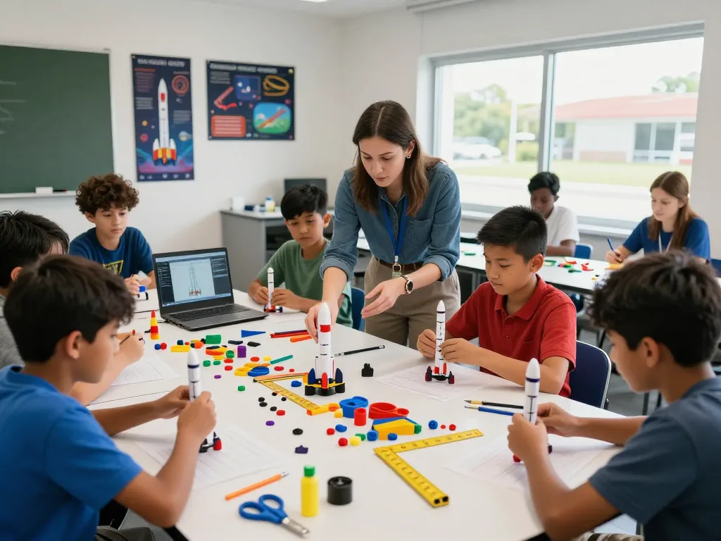 Students assembling model rocket kits in a lively STEM classroom workshop.