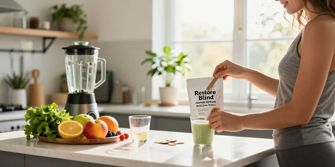 NAD+ Benefits showcased in a wellness scene with a health enthusiast preparing nutritious drink using buccal strips in a modern kitchen.