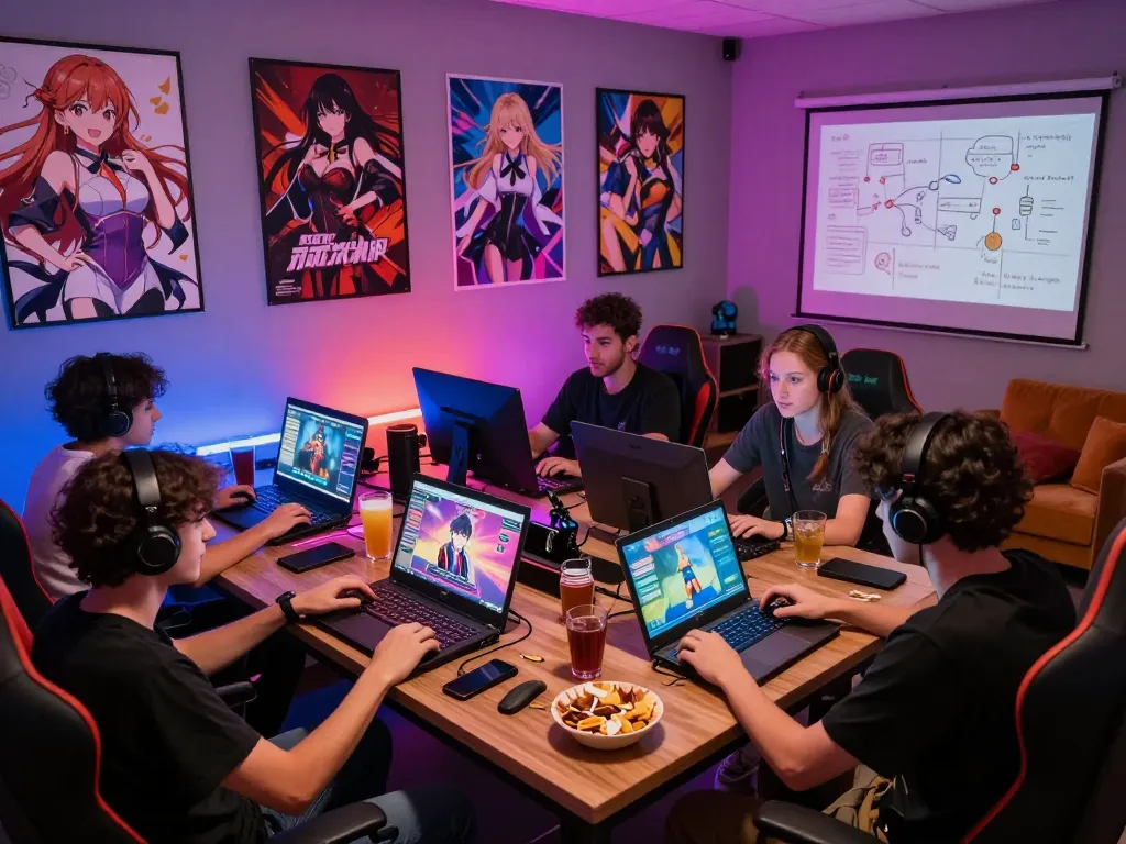 Group enjoying a porn game in a colorful gaming lounge with devices and snacks.