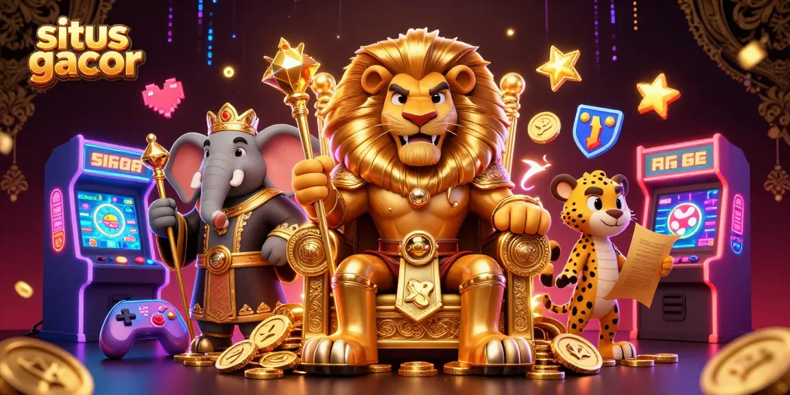Experience the thrill of situs gacor with a lion king, elephant advisor, and cheetah messenger in a vibrant casino scene.