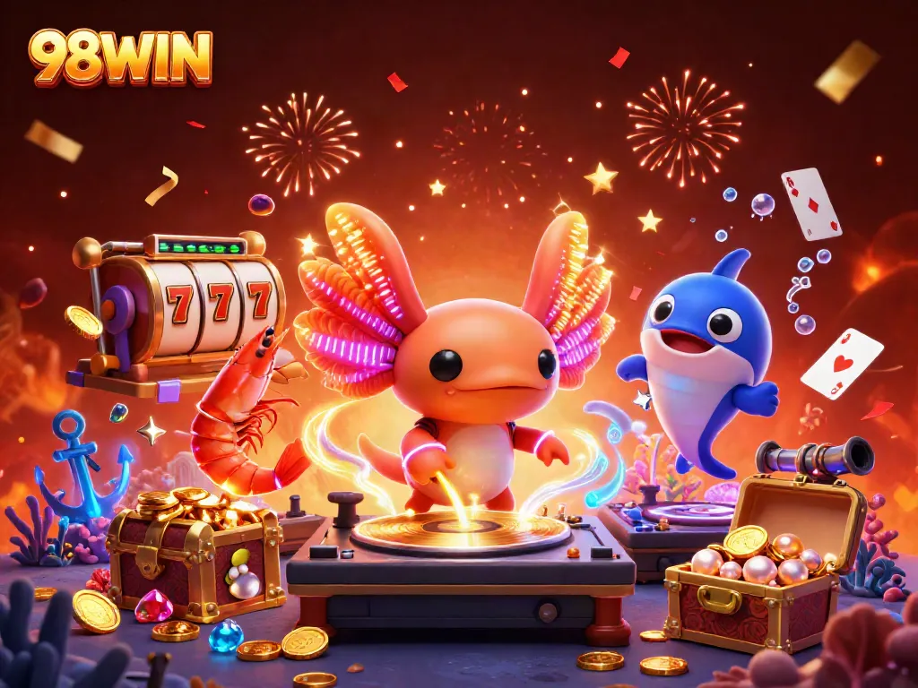 Engage with 98WIN casino excitement through vibrant animations featuring slot machine elements.